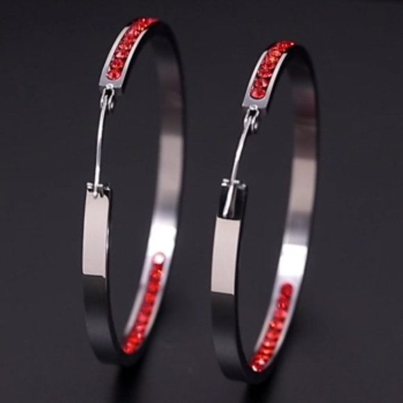 Bright Red Rhinestone Silver Hoop Earrings Big Sparkle Crystal Channel Hoops New - Picture 7 of 12